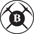 Bitcoin coin and pickaxe. Mining symbols